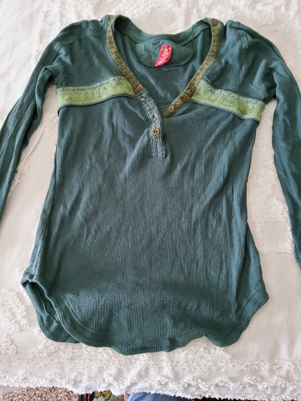Free People Teal Green Henley Thermal Top. Size Large